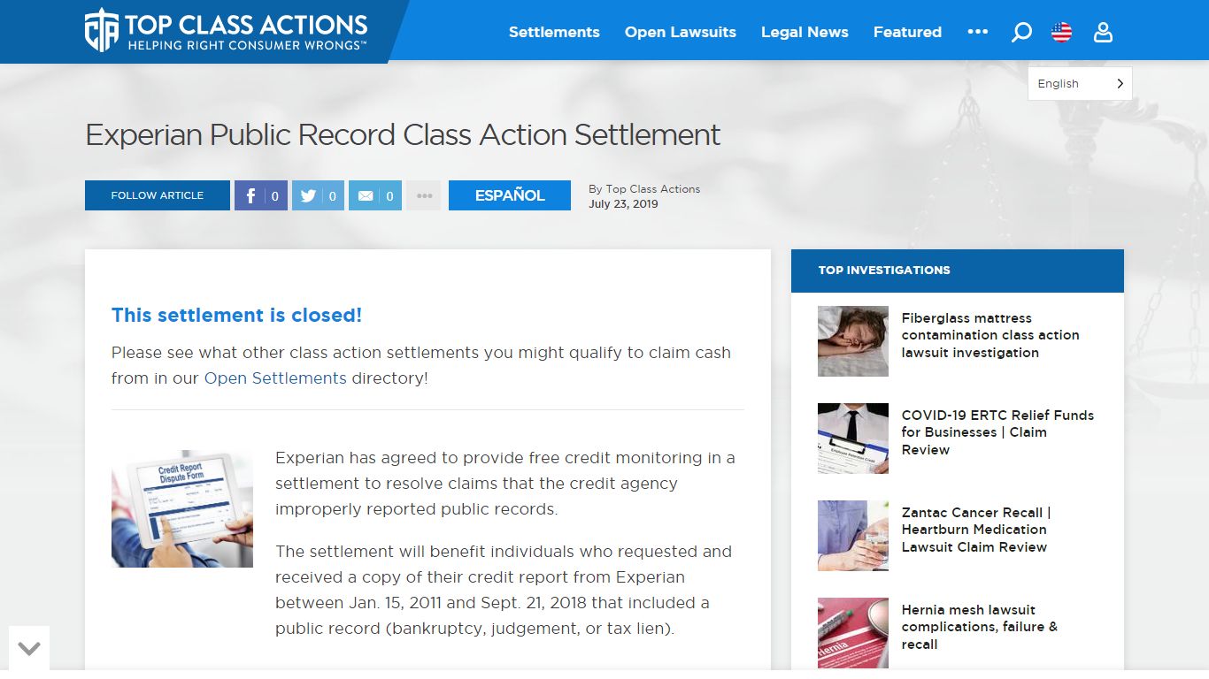 Experian Public Record Class Action Settlement